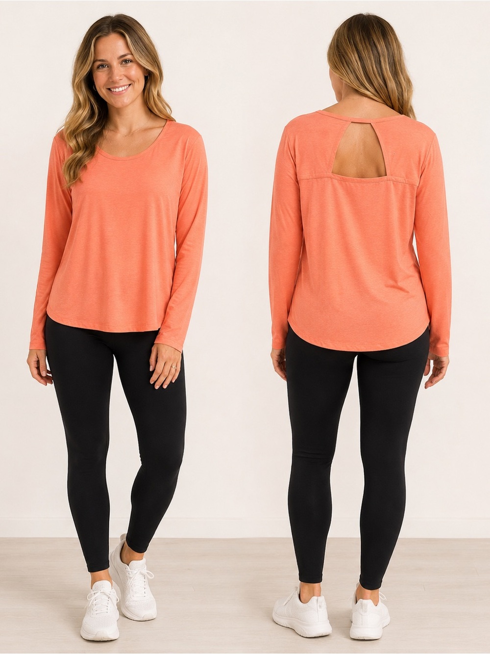 Eddie Bauer Coral Open Back Athletic Long Sleeve Top L spring colored athletic